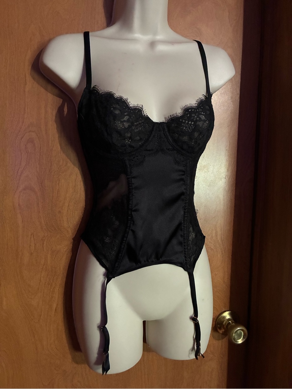 Victoria's Secret Black Lace & Satin Garter Bodysuit